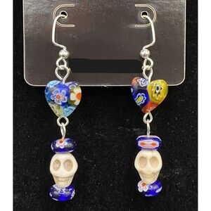 Handmade White Skull with Millefiori Glass Heart & Beads Earrings by Neanie-Bot